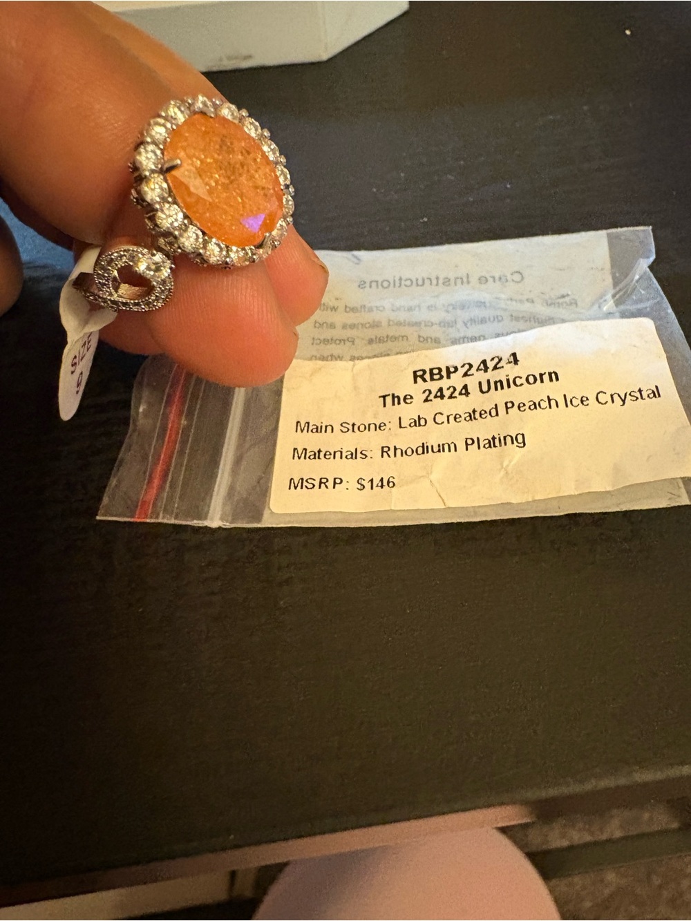 Unicorn Peach Ice Crystal Oval Cocktail Ring - Rhodium Plated
